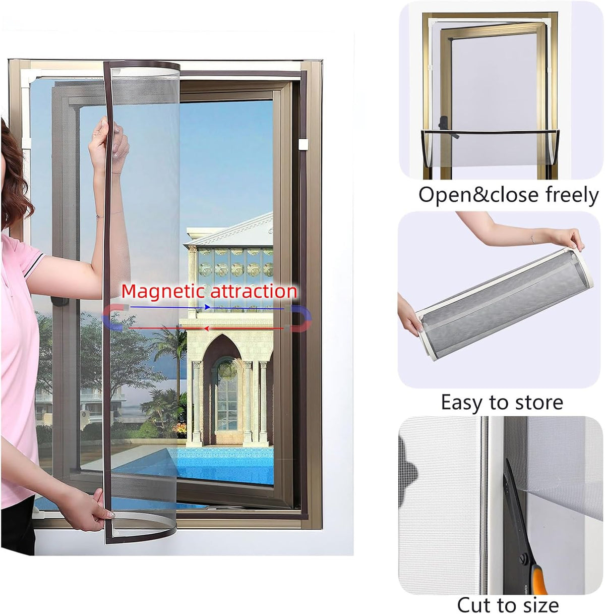 Magnetic Window Screen DIY Adjustable Window Mesh Screen Replacement Window Net Fits up to 57"x 35" White Frames with