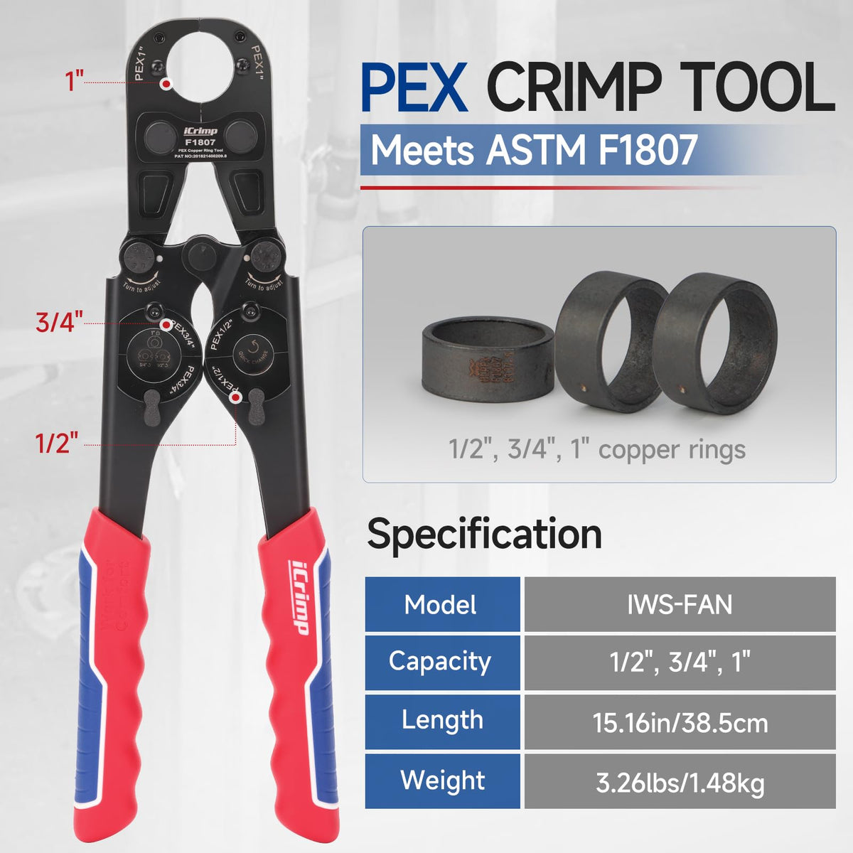 iCrimp PEX Crimping Tool for 1/2",3/4",1-inch Copper Ring, Meet ASTM F1807