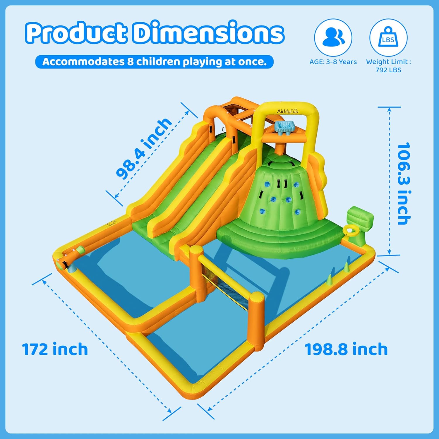 Inflatable Water Slide for Kids Backyard, 10 in 1 Water Park with Double Long Slides, Climbing Wall, Basketball Hoop