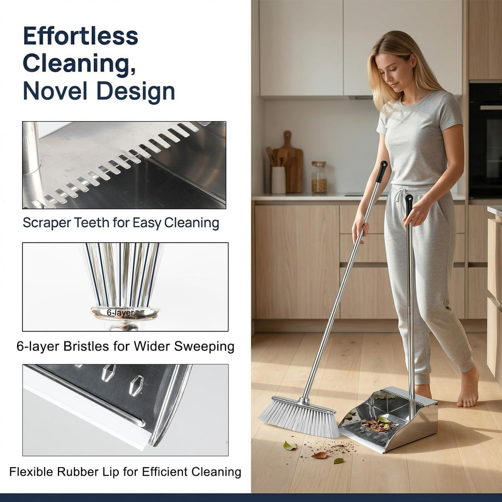 Indoor Soft Bristles Broom and Dustpan Angle Sweeping Dustpan and Broom with Long Handle for Kitchen Hardwood Floor