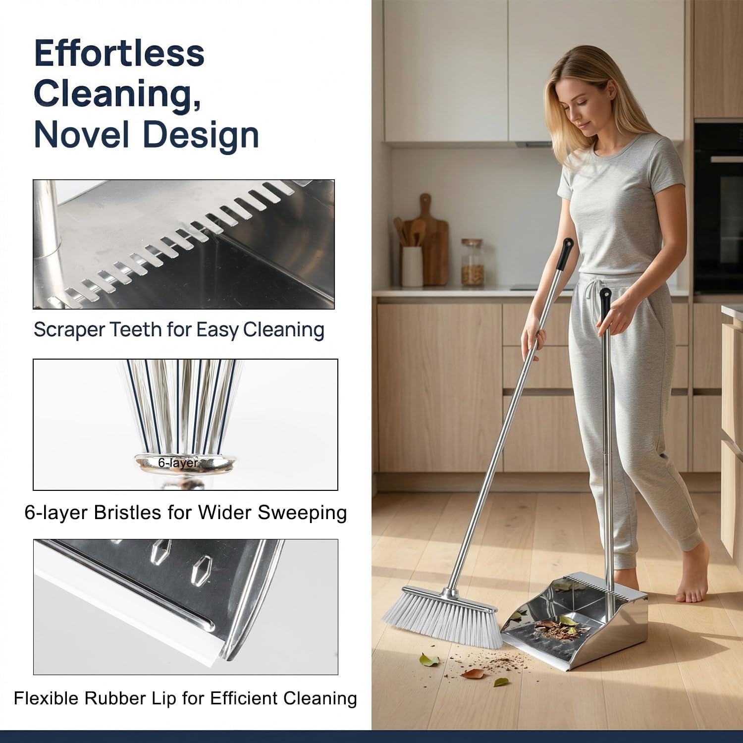 Indoor Soft Bristles Broom and Dustpan Angle Sweeping Dustpan and Broom with Long Handle for Kitchen Hardwood Floor