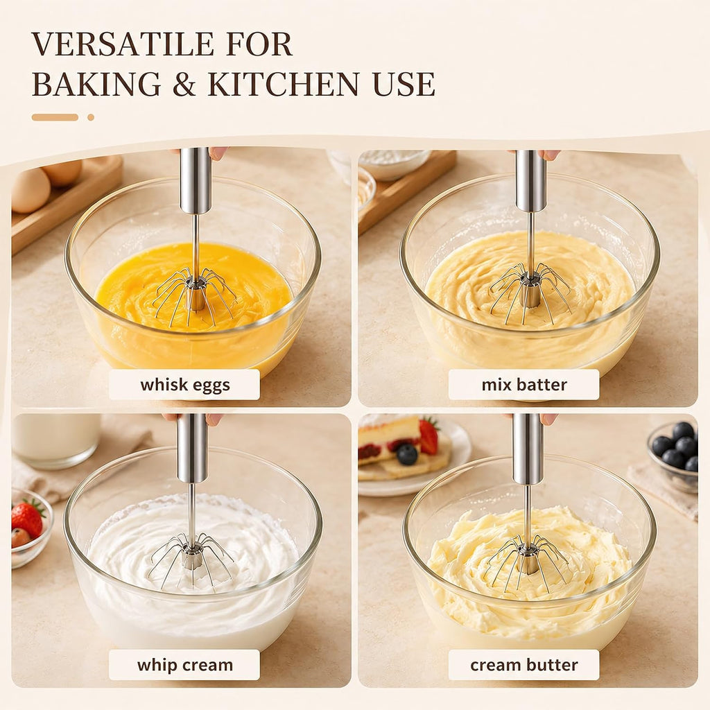 Stainless Steel Semi-automatic Egg Whisk, 2 Pack 7.9in & 11.8in Hand Push Mini Whisk, Effortless Egg Scrambler for