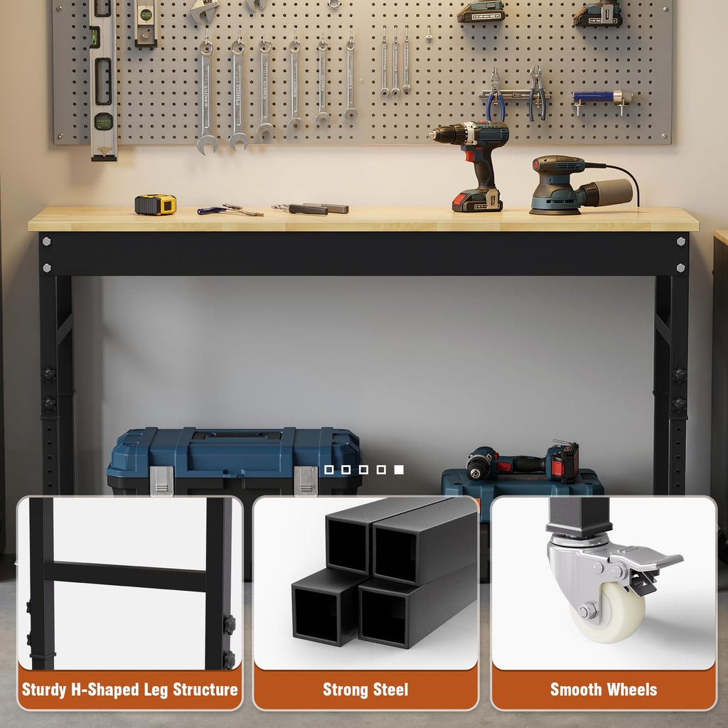 69" Heavy Duty Workbench, Rubber Wood Work Table, Workbench on Wheels, Height Adjustable Workstation Desk, Workshop