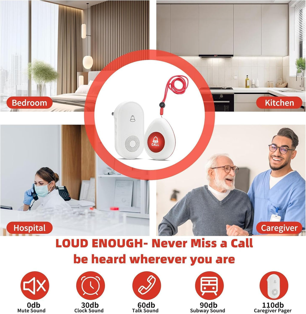 Wireless Caregiver Pager SOS Call Button for Elderly Monitoring 1000+ Feet Life Alert，Emergency Alert System Call
