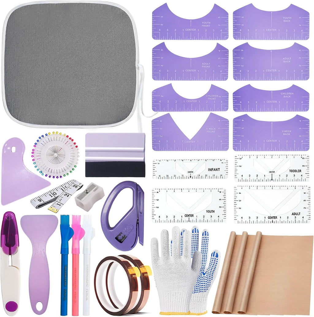 Sublimation Shirts Tool Kits for Vinyl Alignment,Portable Pad for Ironing,T-Shirt Rulers Guide and Teflon Sheet for