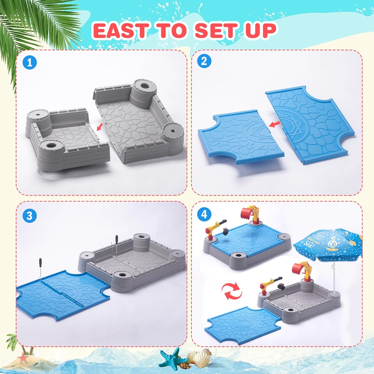 Kids Excavator Sandbox with Umbrella & Cover, Construction Sandbox Set with Beach Toys & Dump Truck, Outdoor