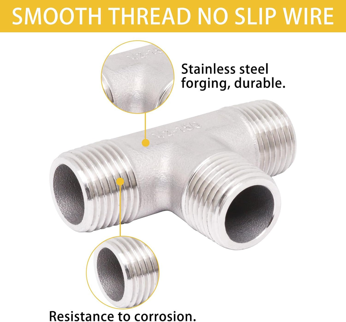 Tee Pipe Fittings 304 Stainless Steel Tee 1/2" x 1/2" x 1/2" Male NPT Thread T Shaped 3 Way Cast Pipe Fitting, 2 Pack