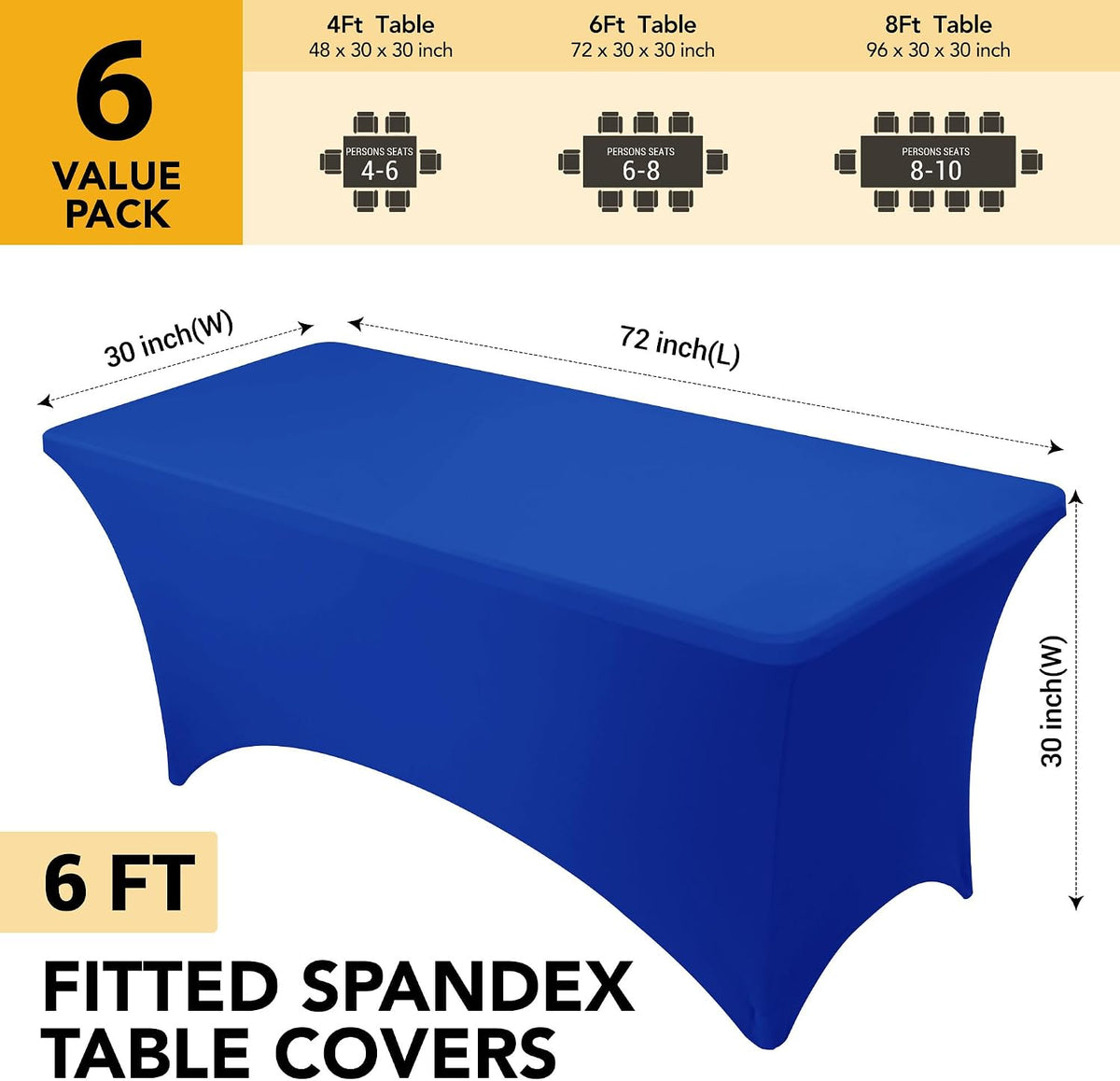 6-Pack Royal Blue Spandex Tablecloths for 6ft Rectangle Tables