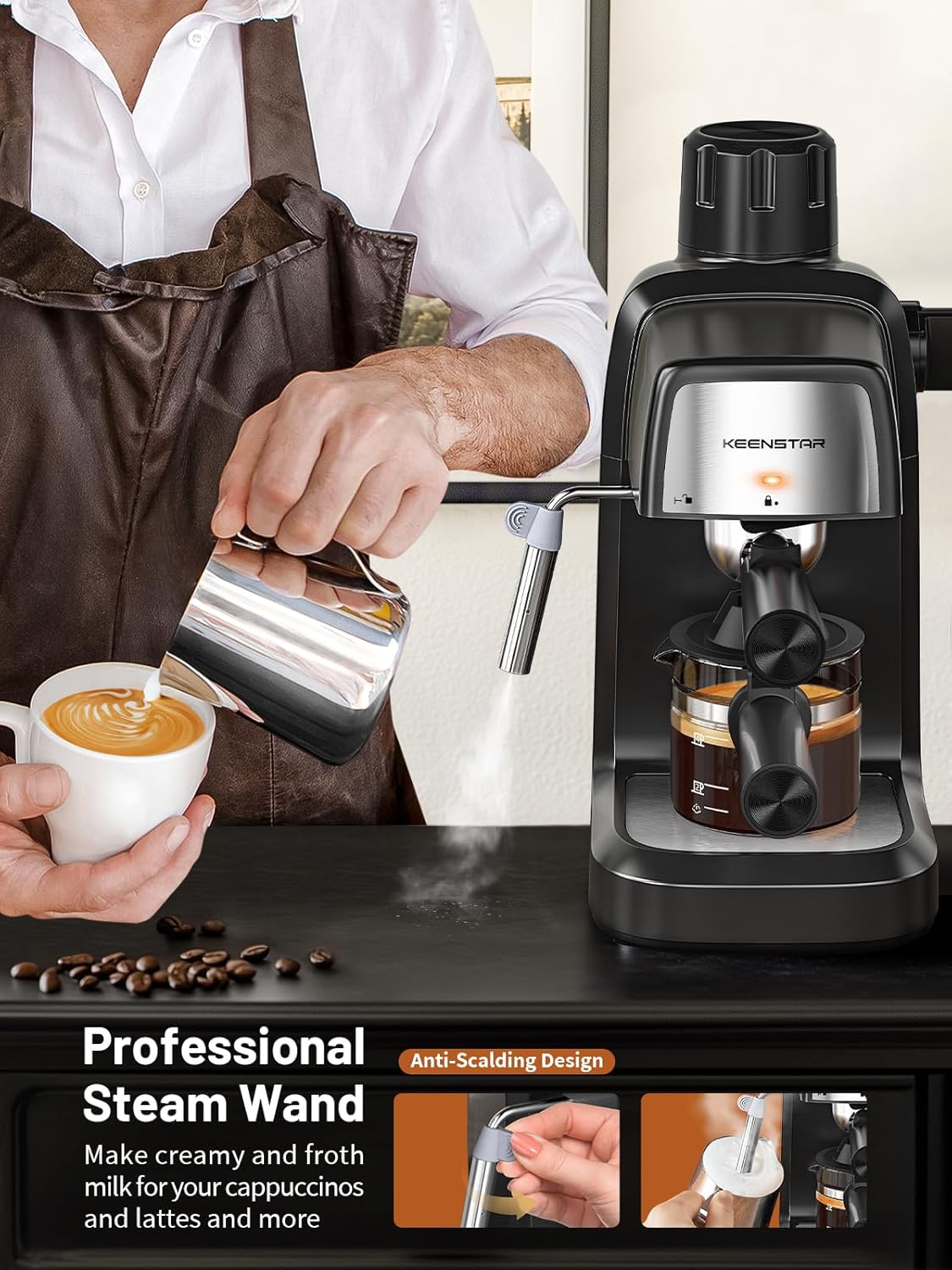 3.5Bar Espresso Machine 800W, Compact 4-Cup Espresso Maker Preheat | Fast Heating, Milk Frother Steam Wand, Espresso