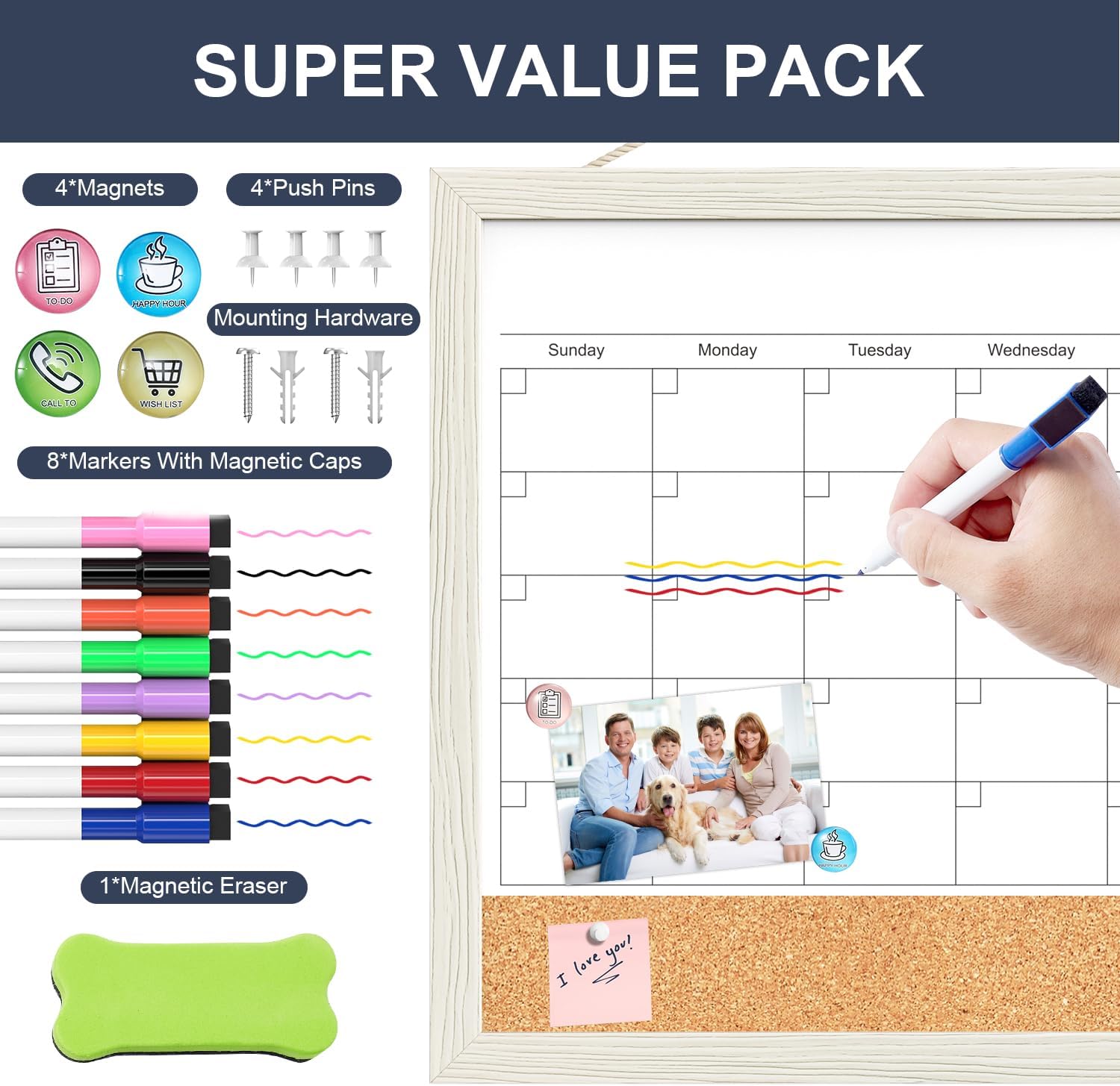 Calendar Whiteboard for Wall, TANKEE 17x13 Inches Whiteboard Calendar Cork Board Combo, Small Magnetic White Board