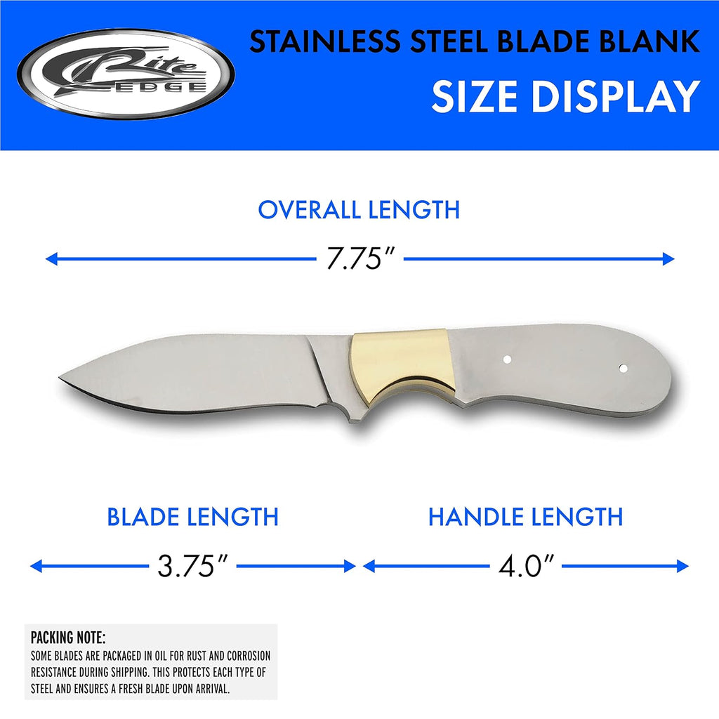 Supplies 7.75" Full Tang Stainless Steel Drop Point Knife Blade Blank with Brass Bolster, DIY Knife Making