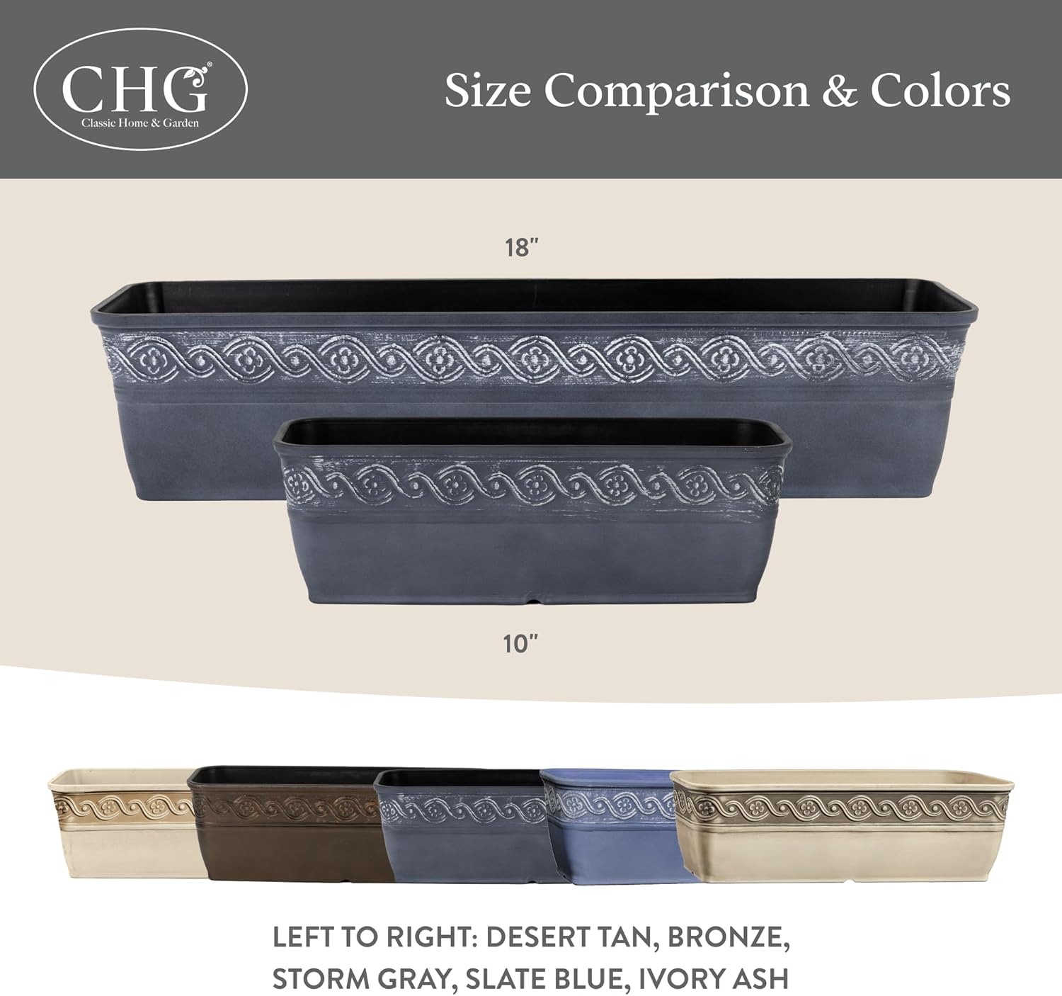 Classic Home and Garden by Growscape Corinthian Rectangular Planter Box w/Drain Plug - Small Succulent Pots - Shallow