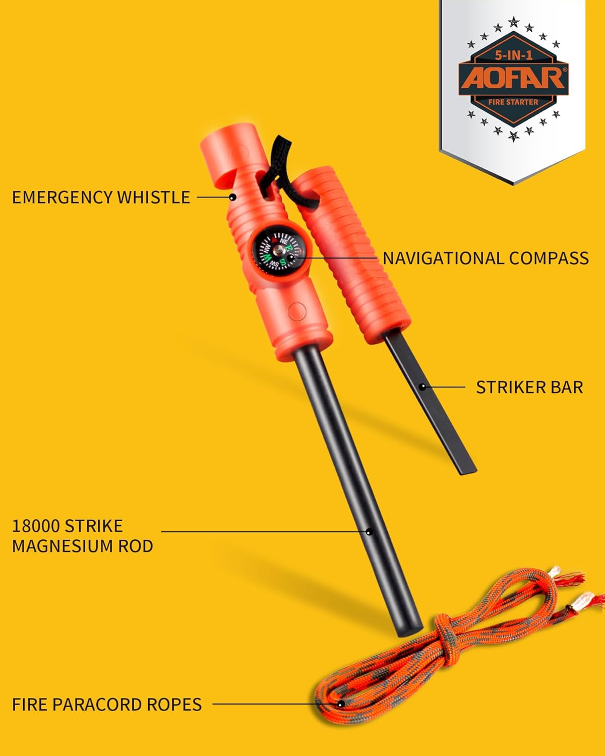 Fire Starter AF-381/AF-381plus Fire Steel with Paracord and Whistle for Camping, Hiking, Hunting, Backpacking