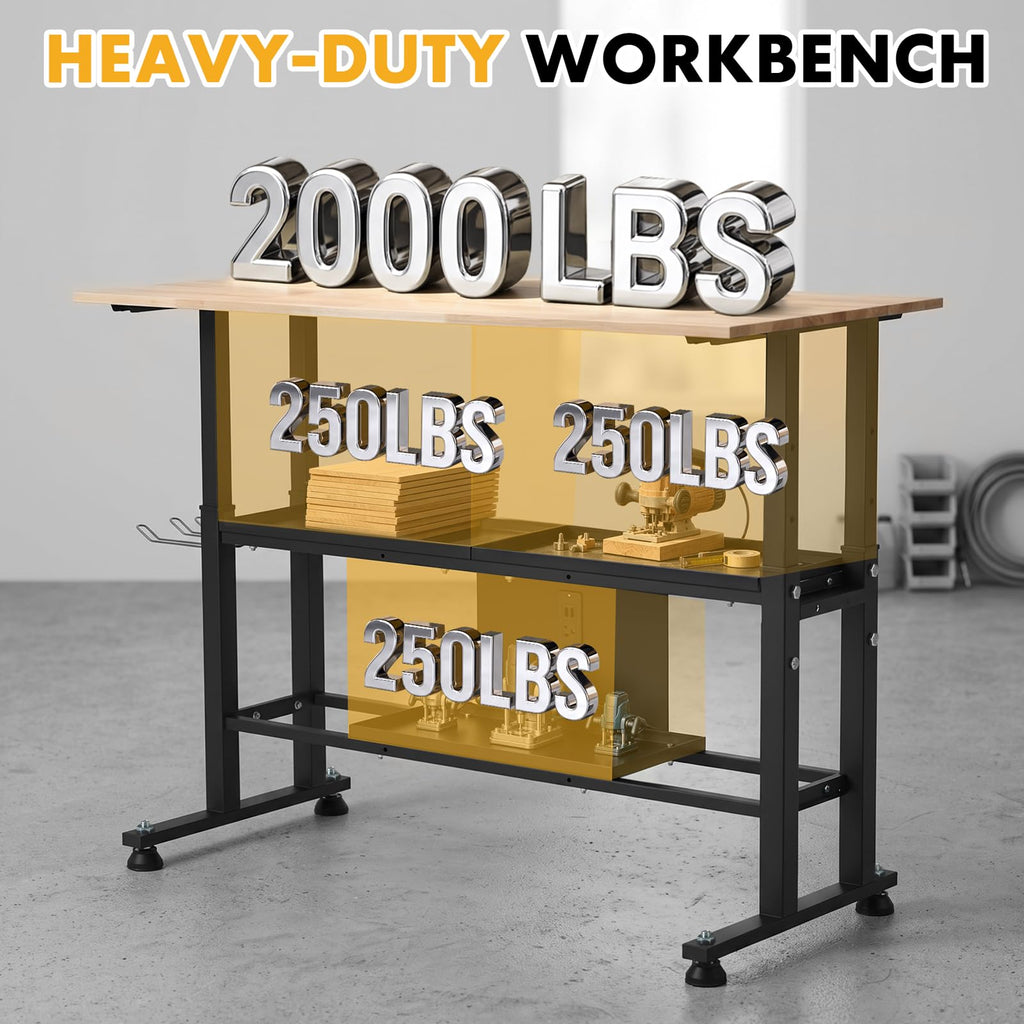 Adjustable Workbench, 48’’ Work Bench with Power Outlet and Storage