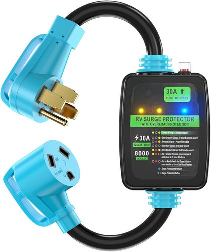 50A to 30A RV Surge Protector Adapter Cord with Circuit Breaker | and Analyzer, 8000 Joules, NEMA 14-50P to TT-30R