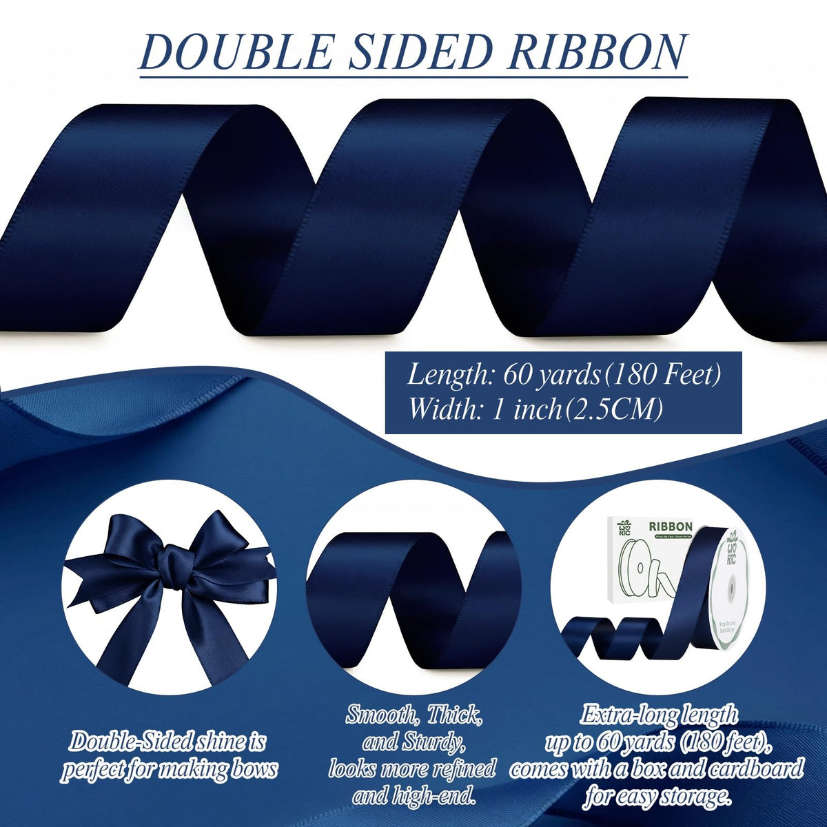 Double Faced Navy Blue Satin Ribbon 60 Yards 1 inch