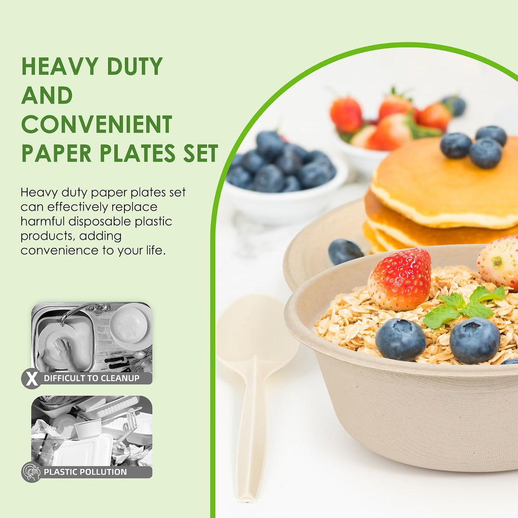 Disposable Paper Plates Set 300PCS Compostable Sugarcane Plates, Bowls
