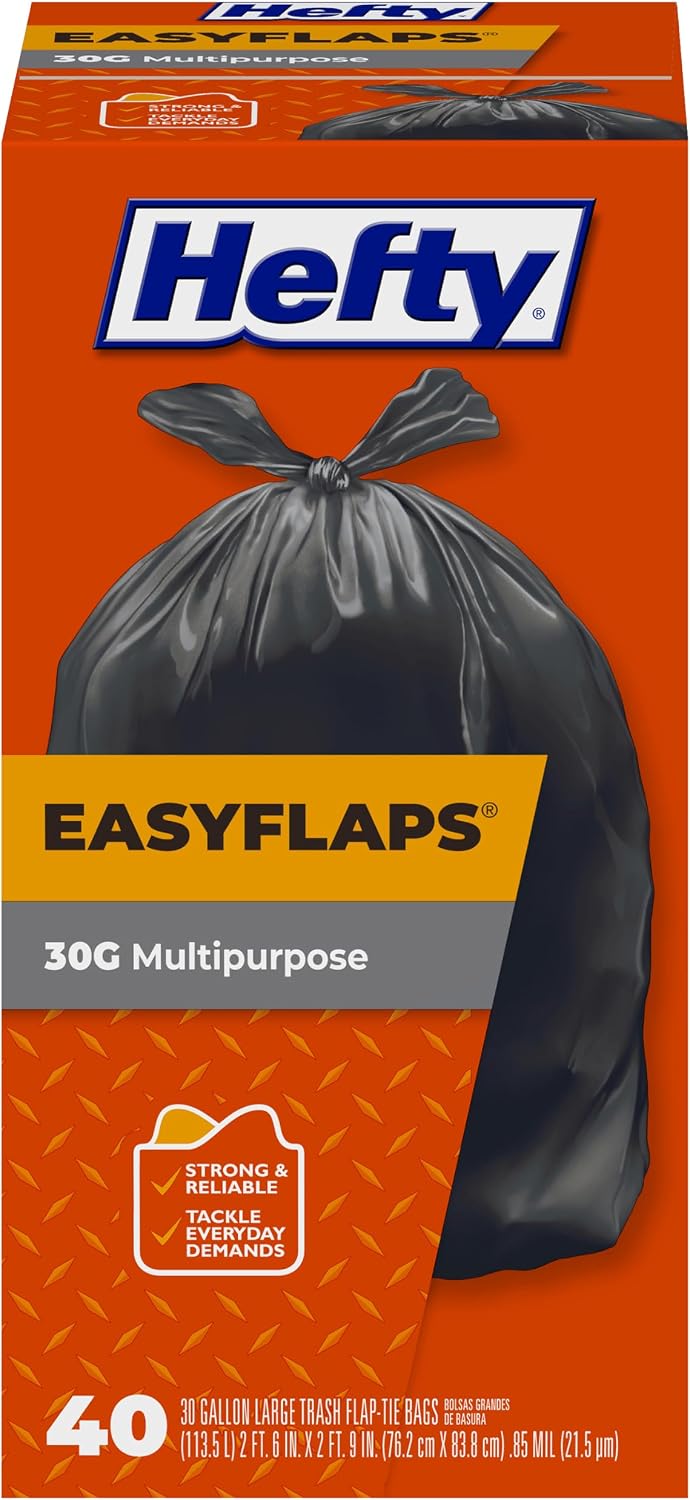 Easyflaps Multipurpose 30 Gallon Large Trash Bags, Black, 40ct | 30G Black Garage Trash Bags, Simple Flap Tie