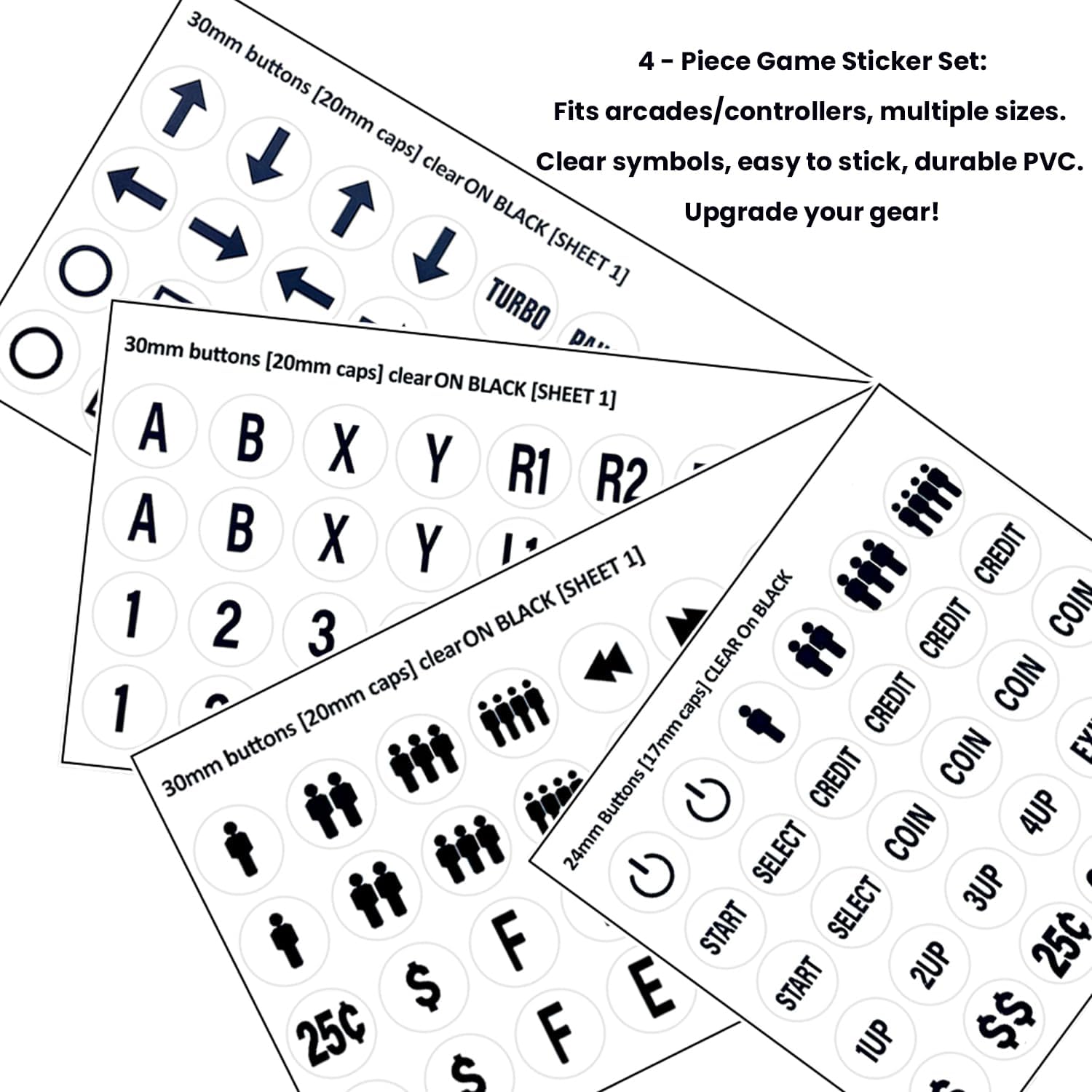 White Arcade Button Stickers 24mm/30mm Die-Cut PVC Decals | White PVC arcade button decals for 24mm/30mm buttons.