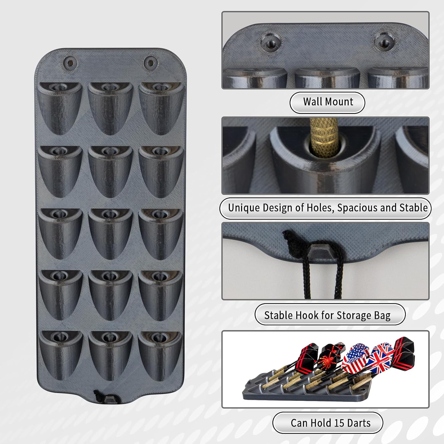 Dart Holder Wall Mount,Dart Display Rack Displays 15 Steel/Soft Tip Darts,with Storage Bag,sharpener