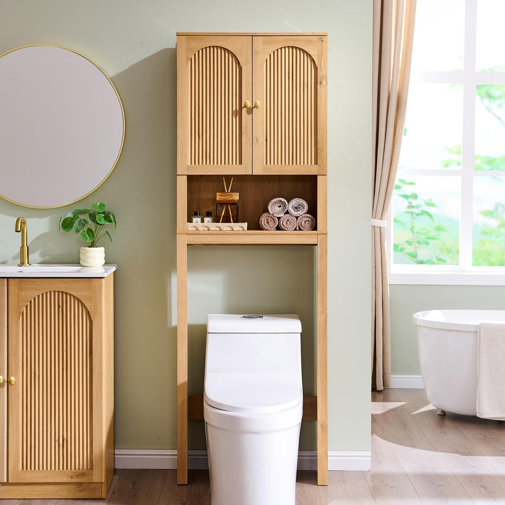 72" Over The Toilet Storage Cabinet, Modern Over Toilet Bathroom Organizer Shelf with Fluted Arched Doors, Wooden