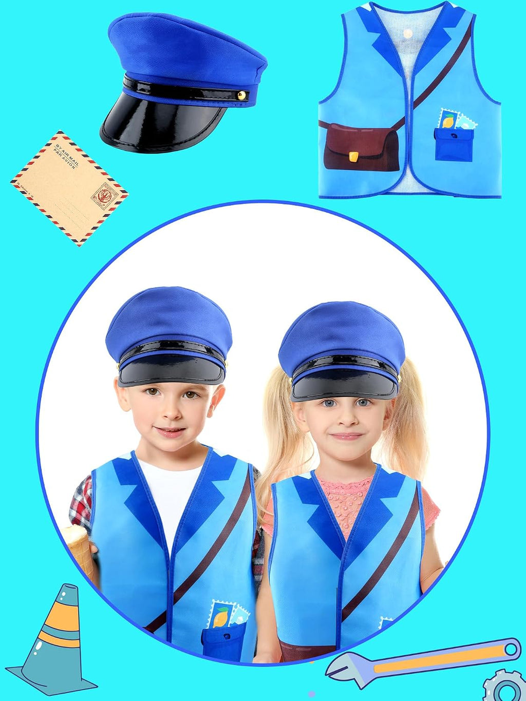 Kids Mailman Costume Set Postman Vest Hat Envelopes Mail Carrier Dress Up for Boys Girls Career Day Halloween Pretend