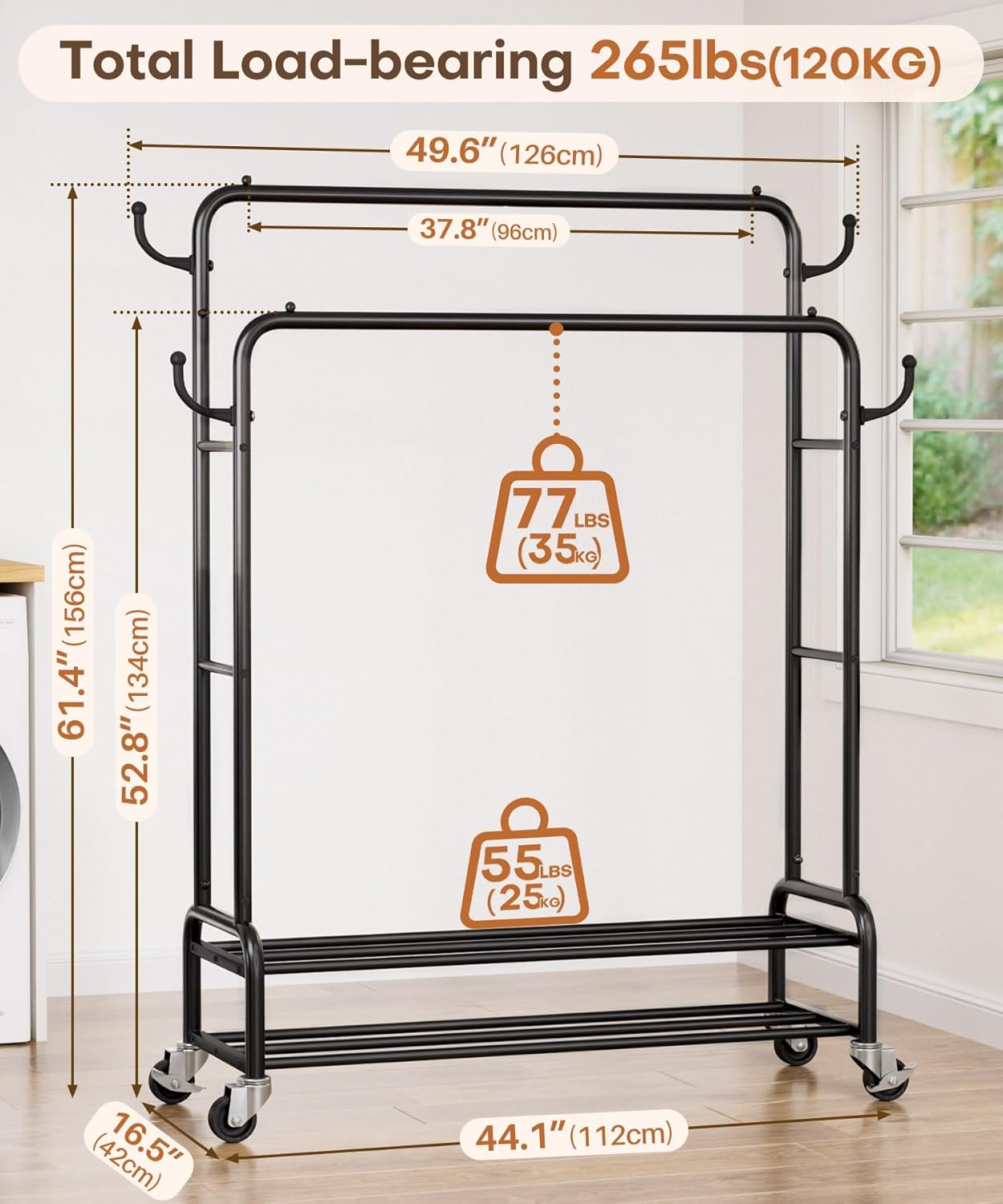 Sturdy Garment Rack for Bedroom: 265 lbs Heavy Duty Clothes Organizer | 2 Hanging Rods Hold Coat to T-Shirt - Easy