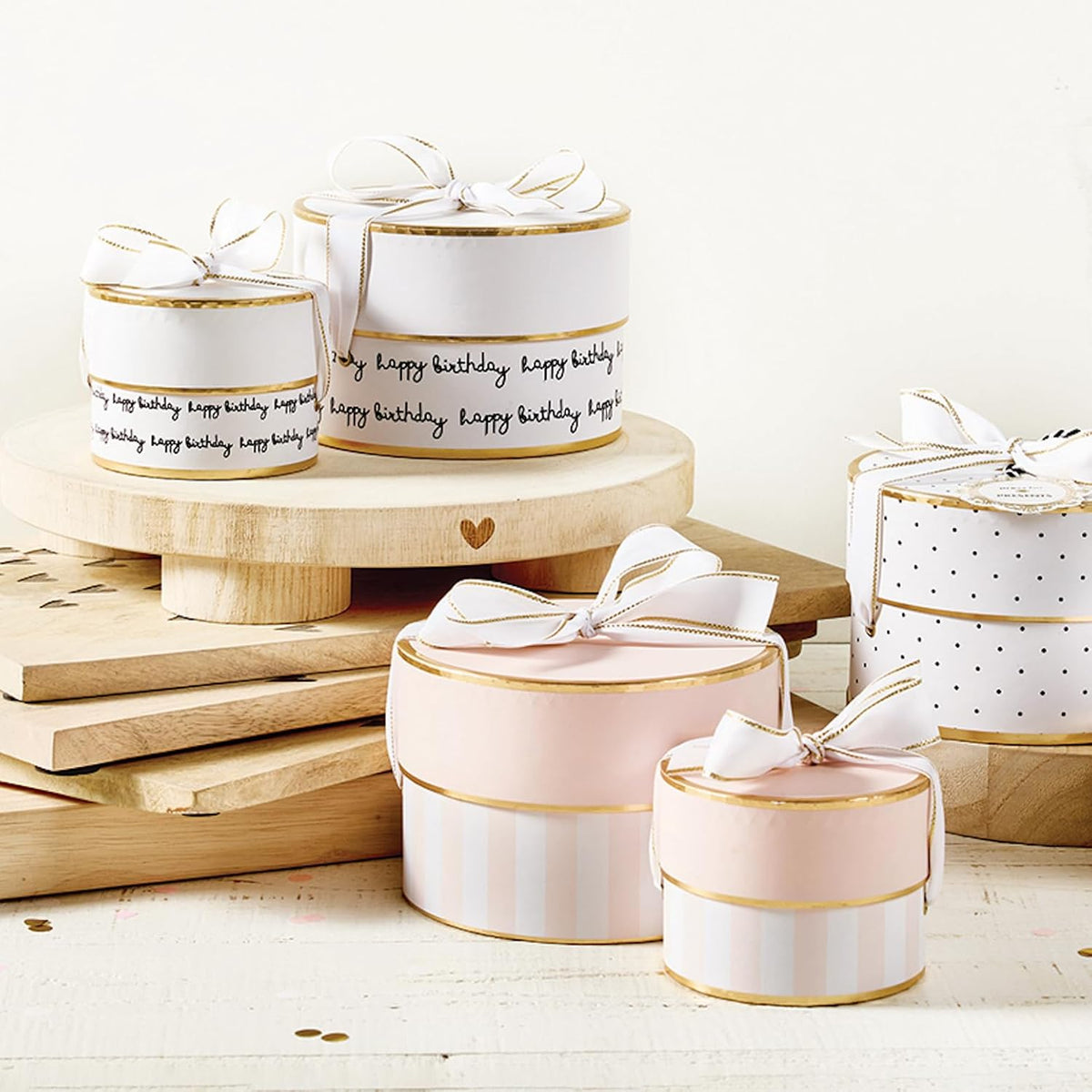Gift Wrap Co. Nested Gift Box 2-Piece Set Round Designer Boxes with Lids, Large and Small, Happy Birthday