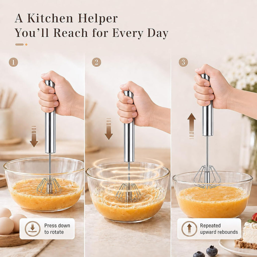 Stainless Steel Semi-automatic Egg Whisk, 2 Pack 7.9in & 11.8in Hand Push Mini Whisk, Effortless Egg Scrambler for