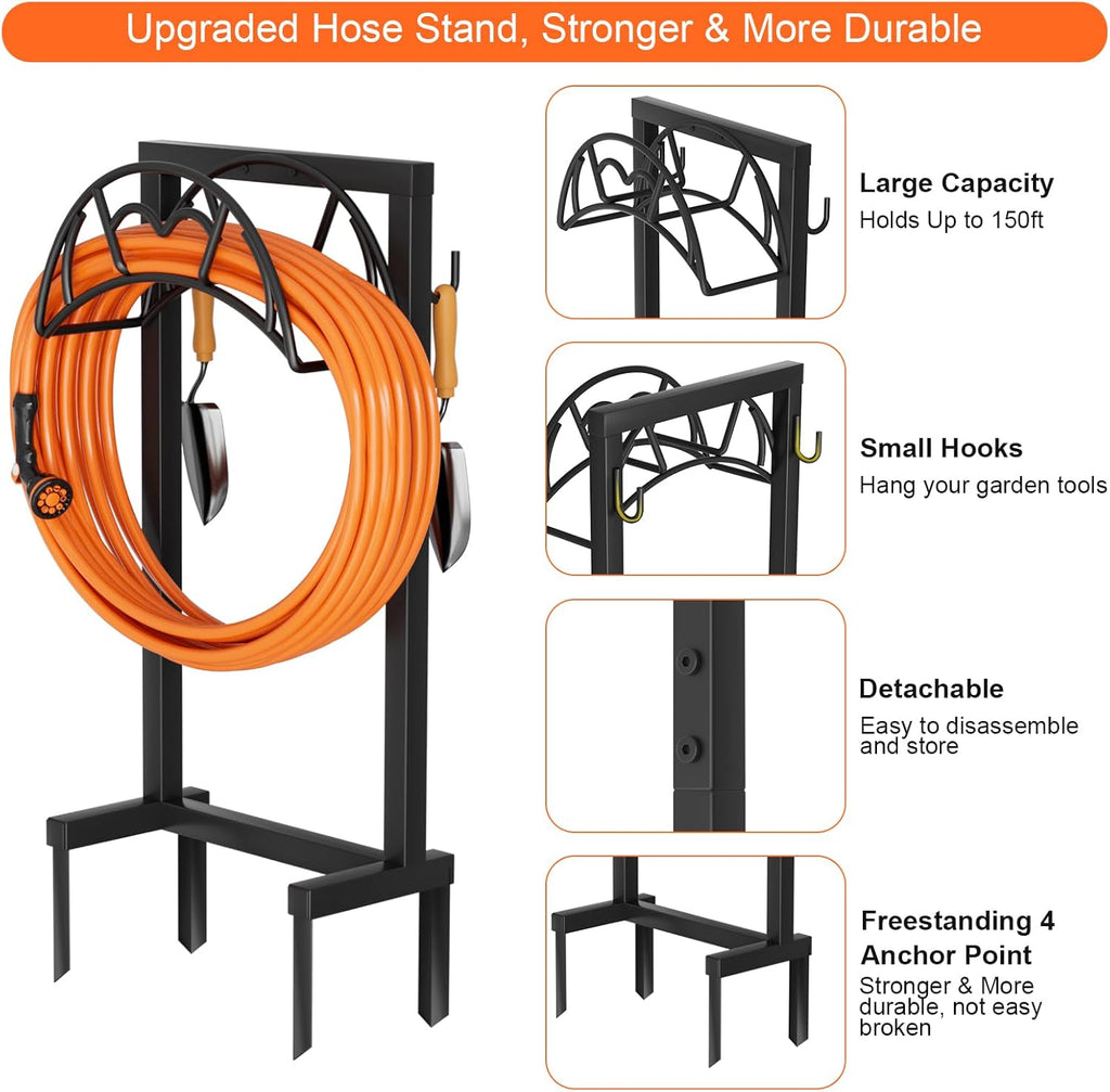 Garden Hose Holder, Freestanding Heavy Duty Water Hose Holder for Outside, Upgraded Metal Hose Stand with 4 Spikes
