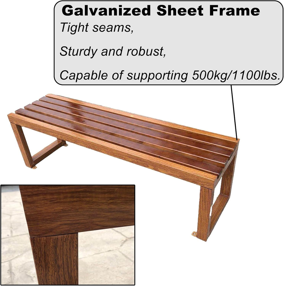Metal Outdoor Bench, Park Bench, Galvanized Sheet Frame, Solid Wood Chair Seat, Suitable for Gardens, Patios