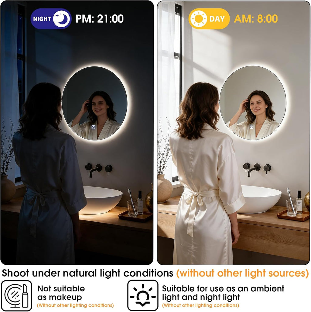 20 Inch Round LED Bathroom Mirror with Lights, Lighted Vanity Bathroom Mirror with Backlit, Stepless Dimmable & 3