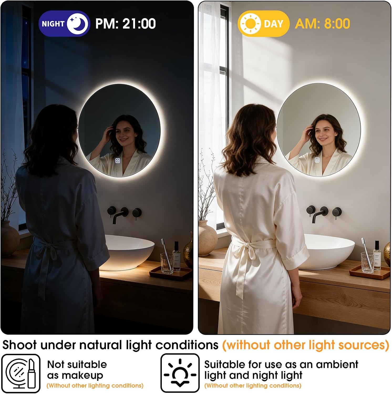20 Inch Round LED Bathroom Mirror with Lights, Lighted Vanity Bathroom Mirror with Backlit, Stepless Dimmable & 3