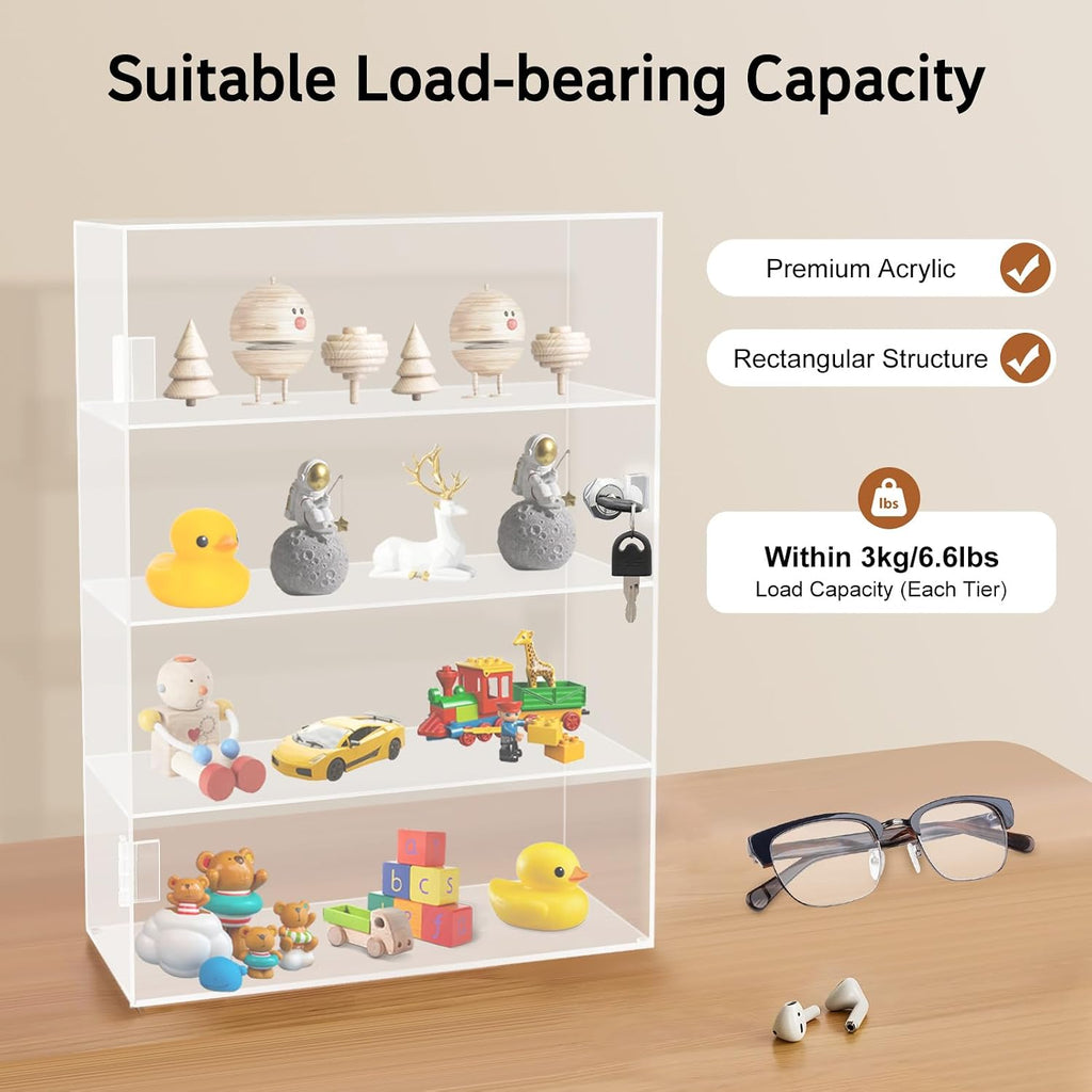 Acrylic Display Case with Lock, 4-Tier Locking Display Cabinet for Collectibles, Clear Countertop Showcase with Key