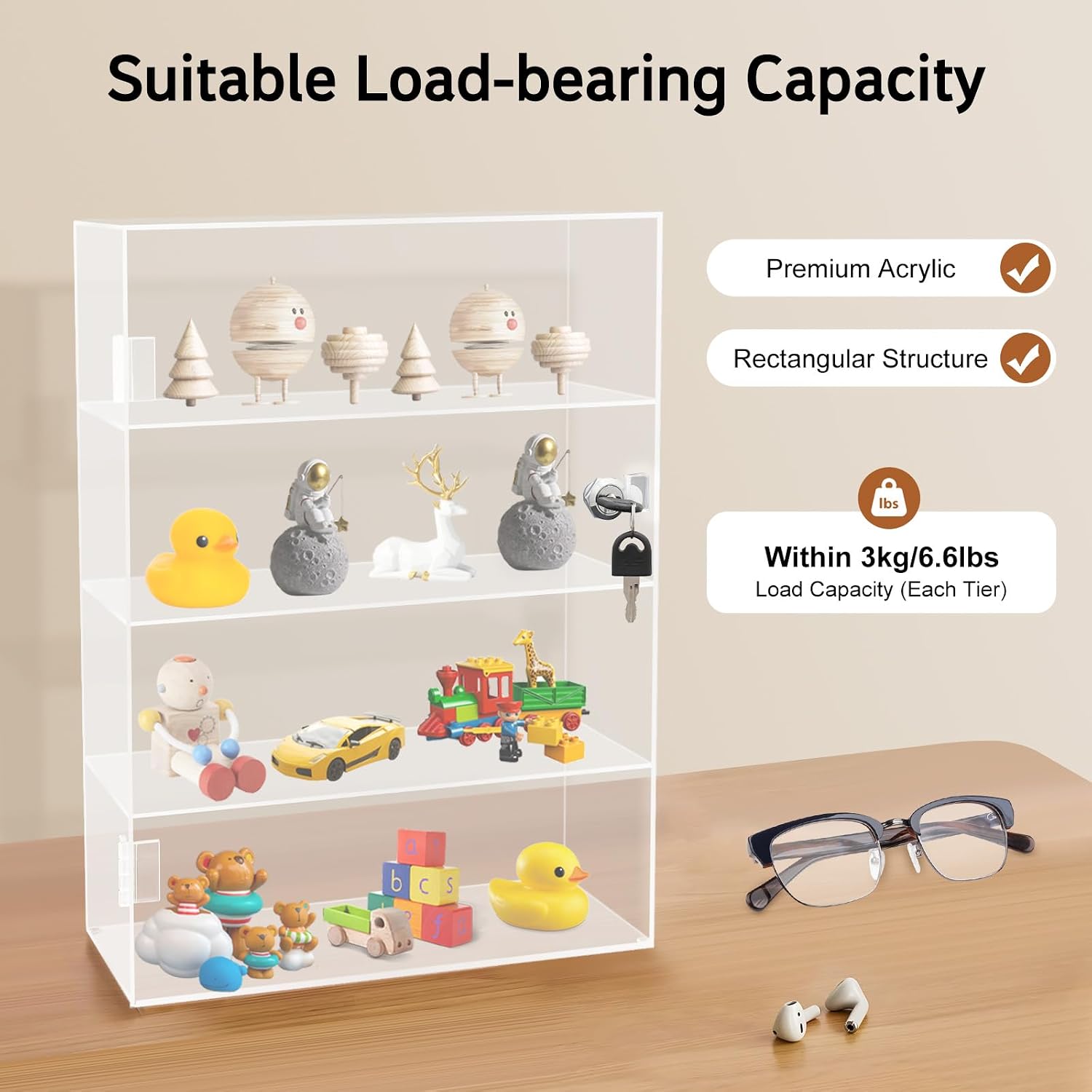Acrylic Display Case with Lock, 4-Tier Locking Display Cabinet for Collectibles, Clear Countertop Showcase with Key