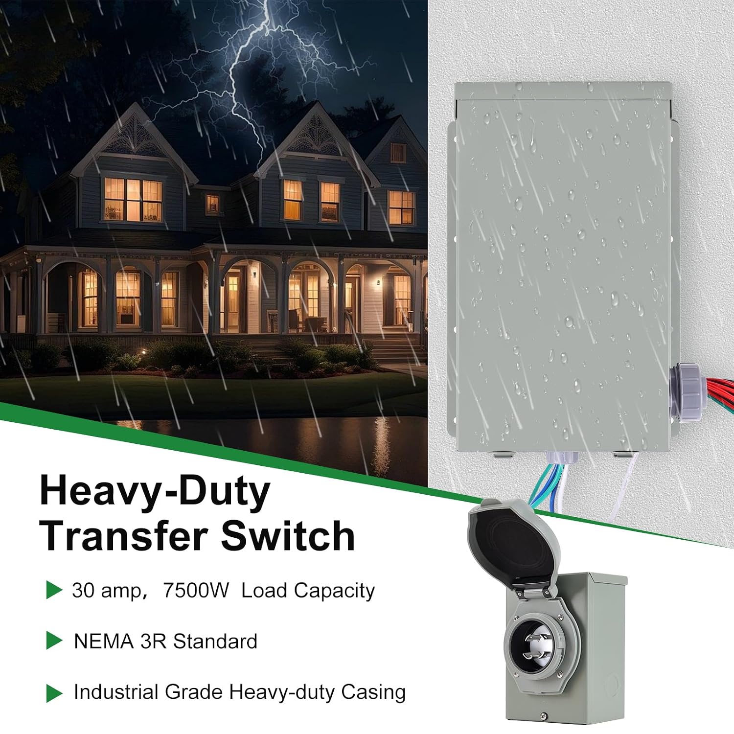 30 Amp Generator Transfer Switch Kit,10-Circuits, 7500W, Indoor&Outdoor, NEMA 3R, Include 10 Foot Cord and 30 Amps