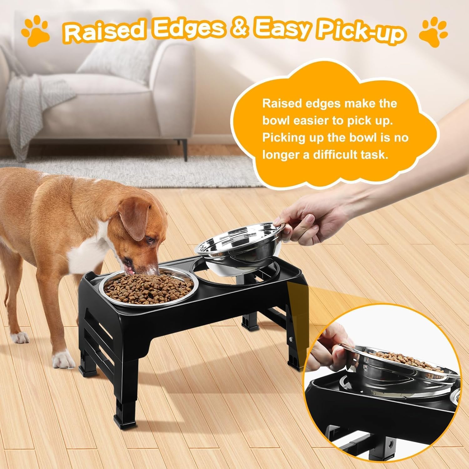 Elevated Dog Bowls for Small Medium Dogs, 3 Height Adjustable Raised Stand with 2 Thick 6" Stainless Steel Food