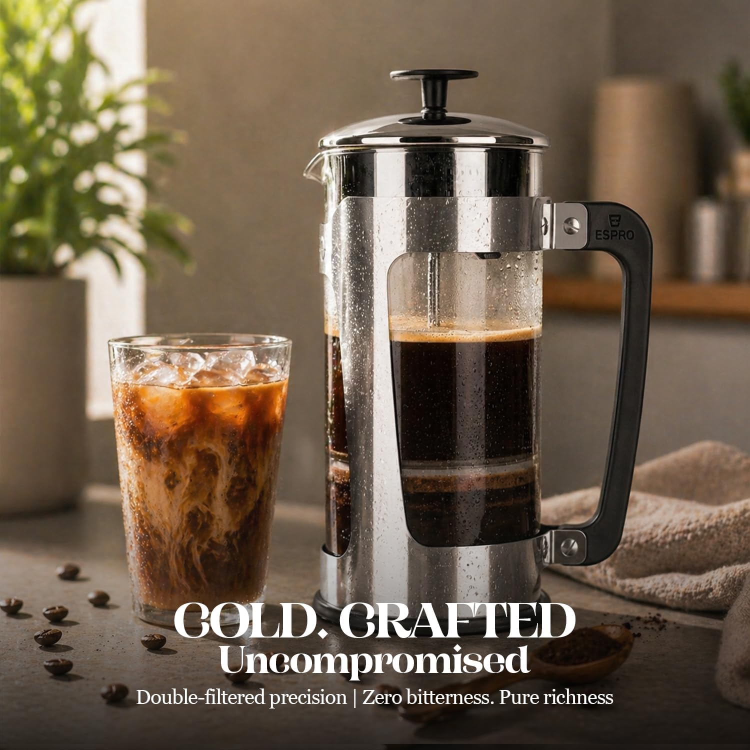 P5 French Press Coffee Maker, 32oz, Polished, Stainless Steel Press | Double Filter Coffee Press, Thicker