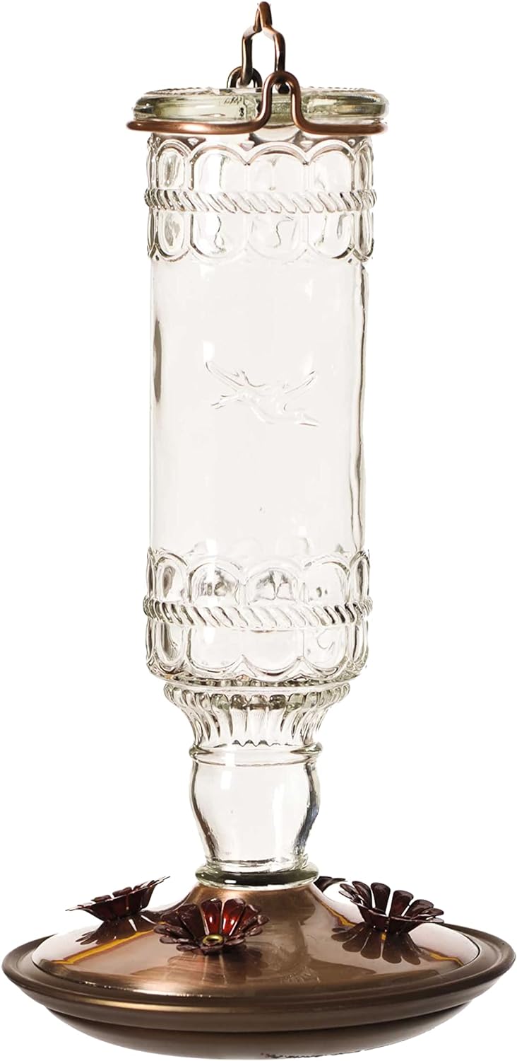 Antique Glass Bottle Hummingbird Feeder - Outdoor Garden Décor Hummingbird Feeder - 8107-1SR - 10 Fl Oz Nectar