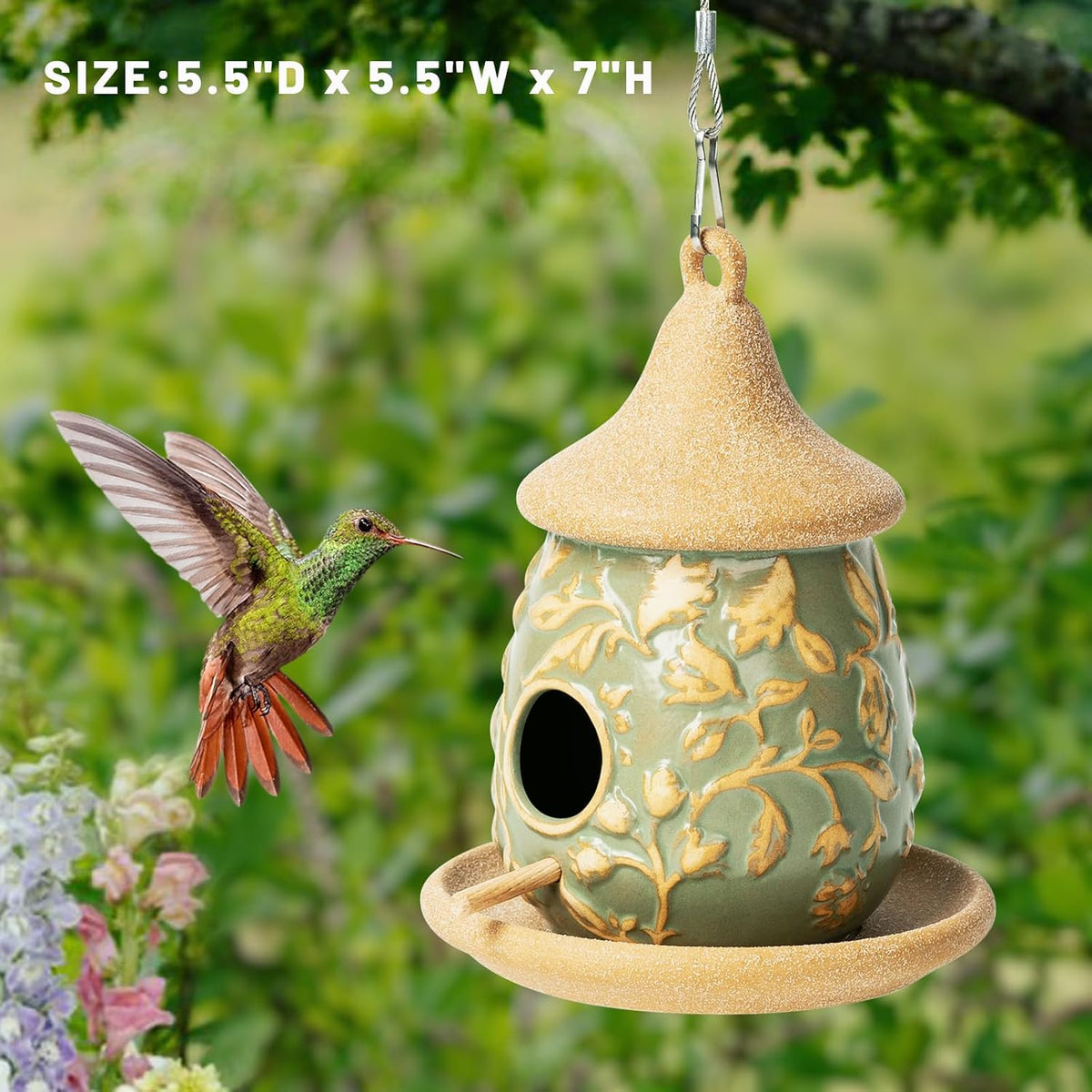Hanging Bird Houses Ceramic Bird House Feeder with Wooden Pole for Outside Hummingbirds Cardinal Bluebird Nest