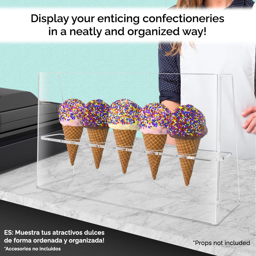Ice Cream Cone Holder 5 Slot Clear Acrylic Countertop Dessert Display with Sneeze Guard for Restaurants Catered