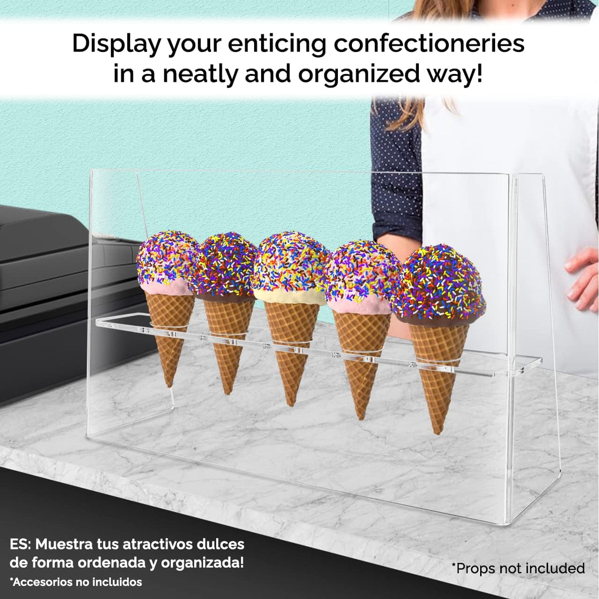 Ice Cream Cone Holder 5 Slot Clear Acrylic Countertop Dessert Display with Sneeze Guard for Restaurants Catered