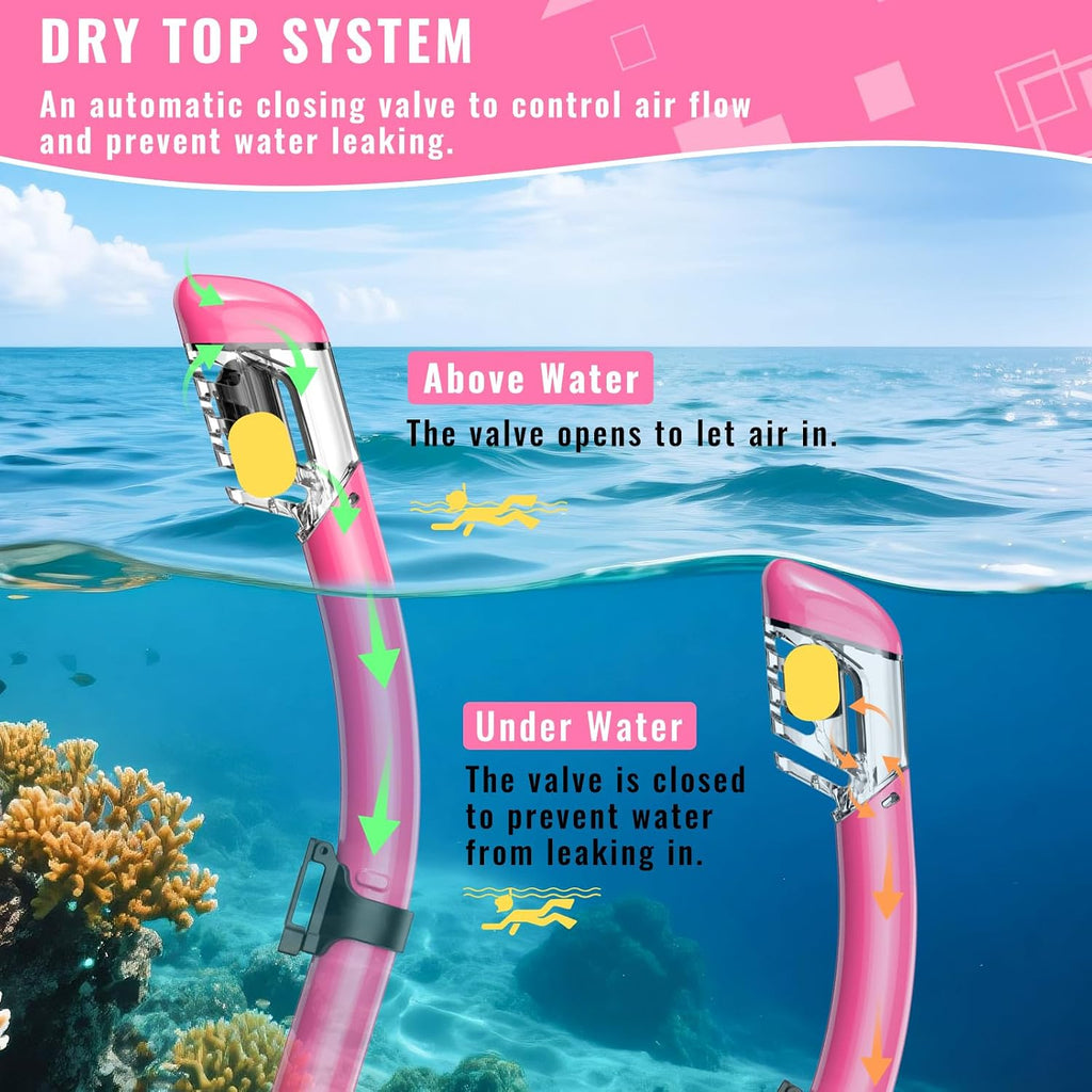 Snorkeling Gear for Adults, Snorkel Set Scuba Diving mask Dry-Top, Adult Swimming Goggles w/Nose Cover, HD Tempered
