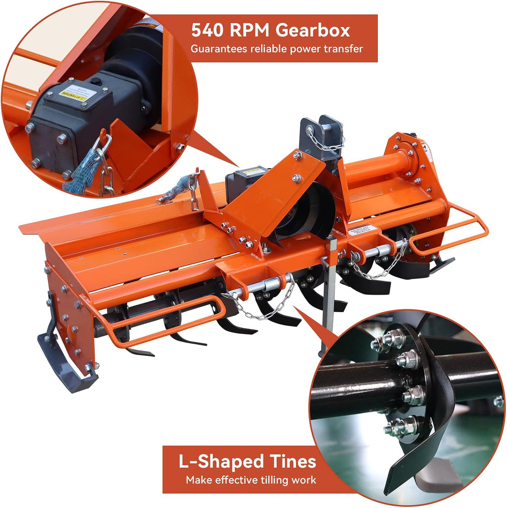 49" 3-Point Rotary Tiller Attachment for Category 1 Tractors | Compatible with 20-30HP tractors, 28 L-Shaped