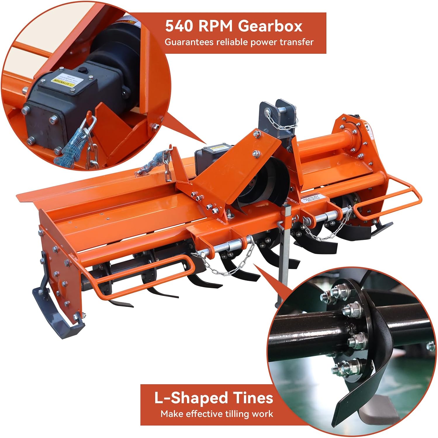 49" 3-Point Rotary Tiller Attachment for Category 1 Tractors | Compatible with 20-30HP tractors, 28 L-Shaped