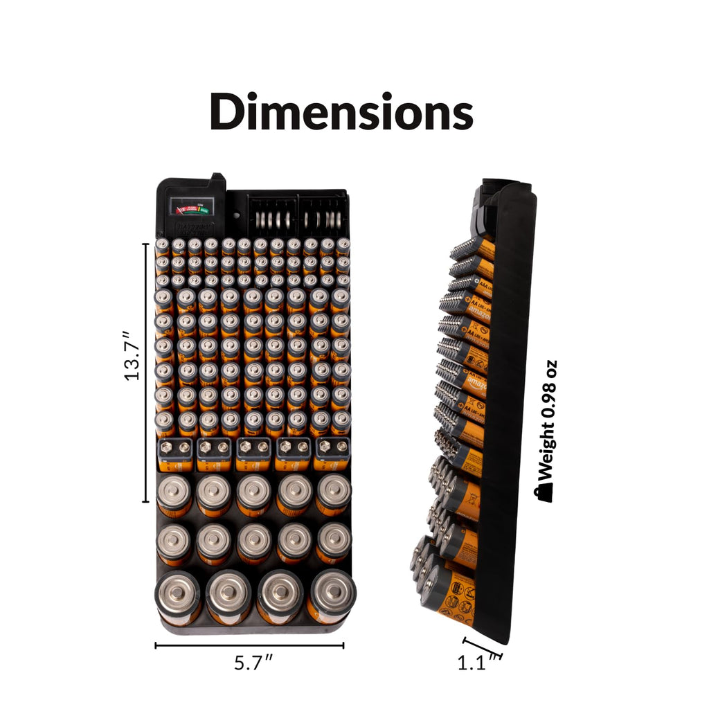 Battery Organizer w/Tester for AA, AAA, 9V, C, D, Button Batteries | Wall or Drawer Battery Storage Box with Tester