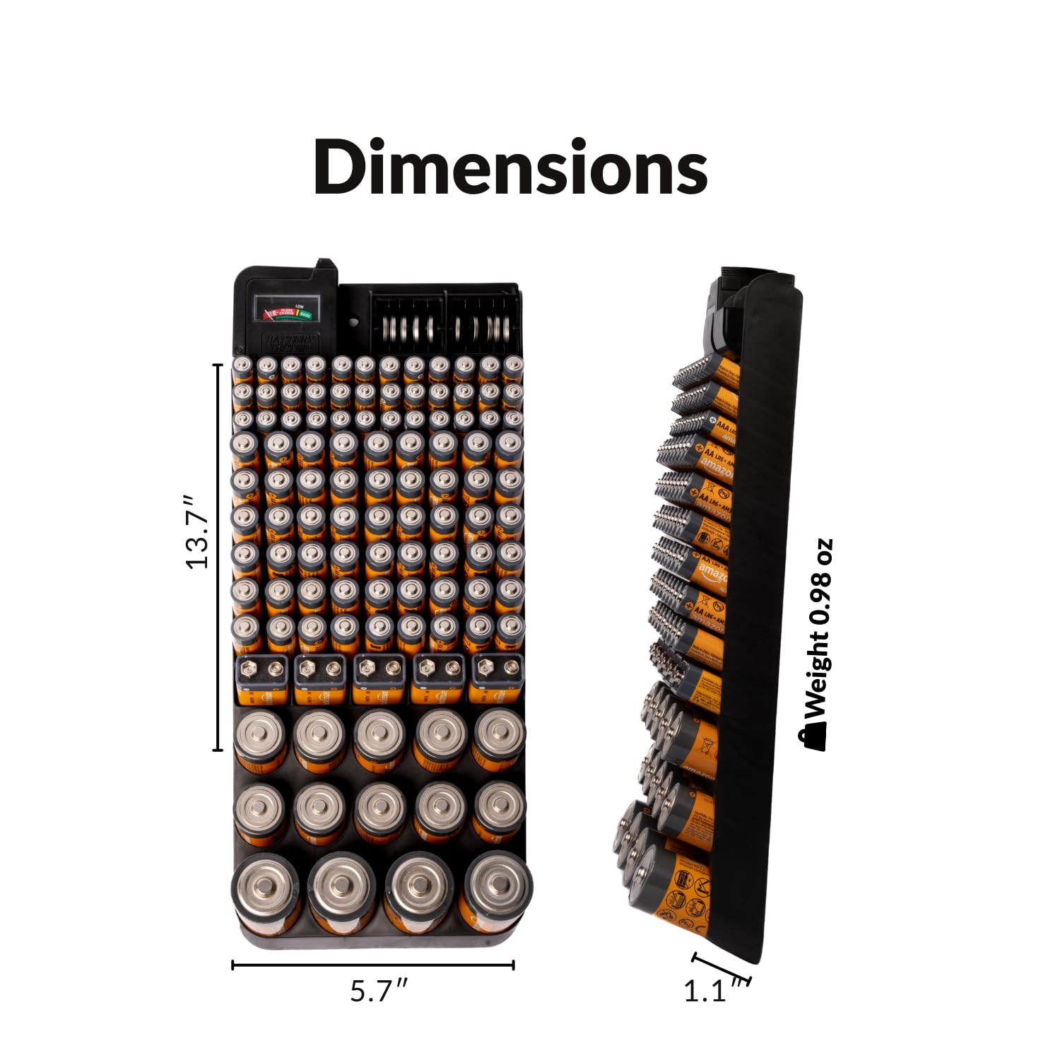 Battery Organizer w/Tester for AA, AAA, 9V, C, D, Button Batteries | Wall or Drawer Battery Storage Box with Tester