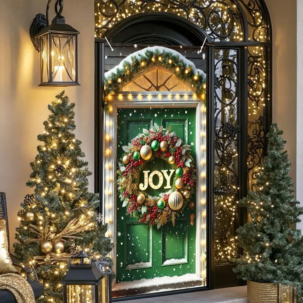 2D Flat 71x35 Inch Large Green Door Christmas Banner with Glowing JOY Wreath Red Berry Pine Garland Wall Hanging for