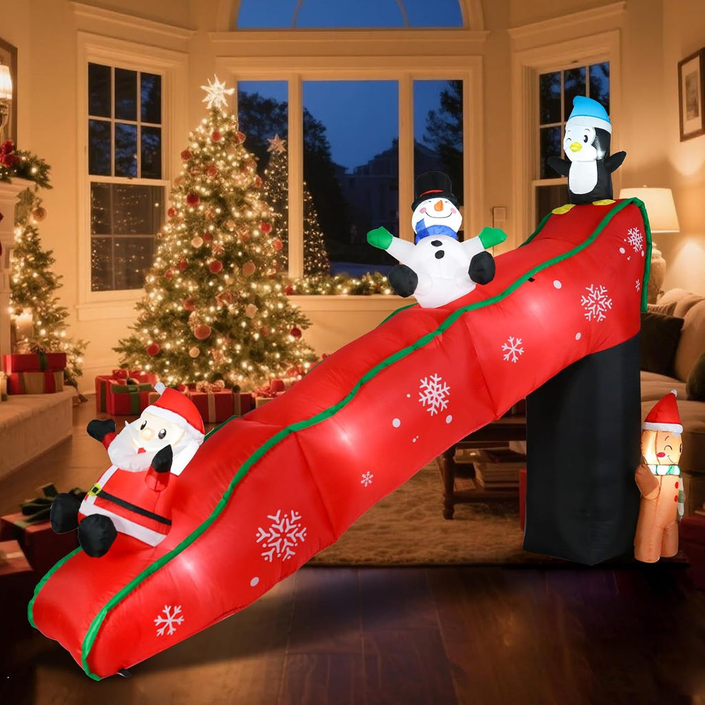 Christmas Inflatable Outdoor Decor,9.7FT Penguin Santa Claus Slide | Christmas Blow Up Yard Decor，LED Light
