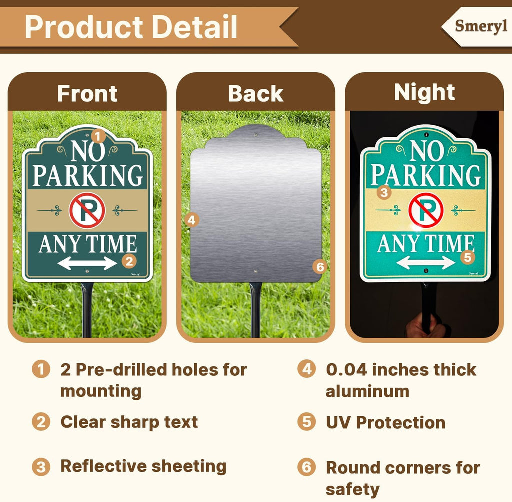 No Parking Any Time Sign with 34.6" Stake for Yard | 12" x 10" No Parking Signs With Stand, Rust-Free Aluminum